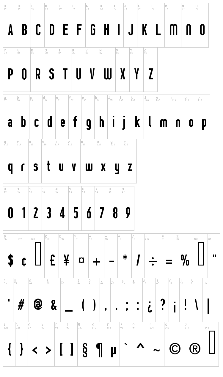 Prozak font map